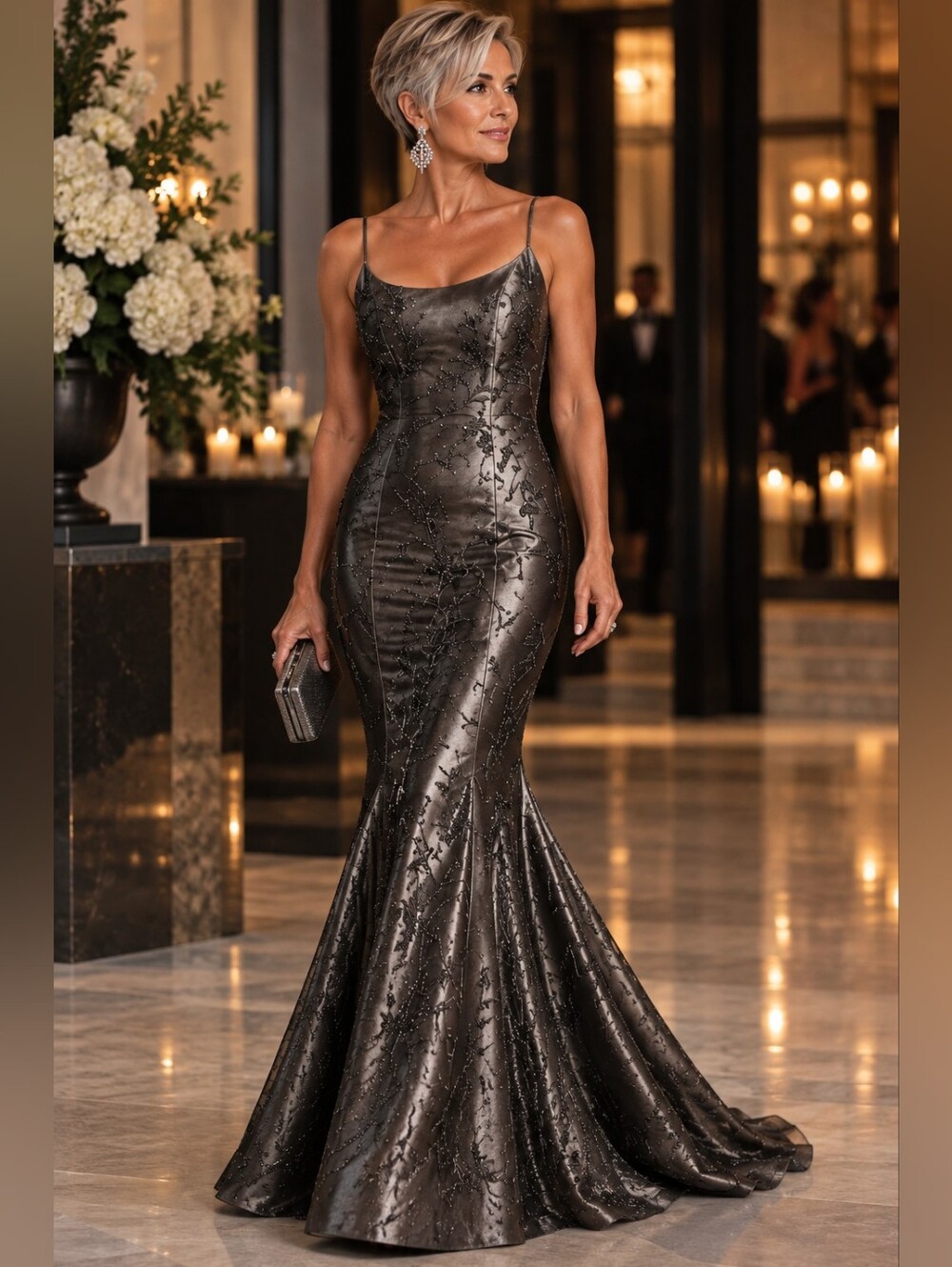 Alyce Designs Metallic Grey Beaded Mermaid Trumpet Evening Gown Size 10